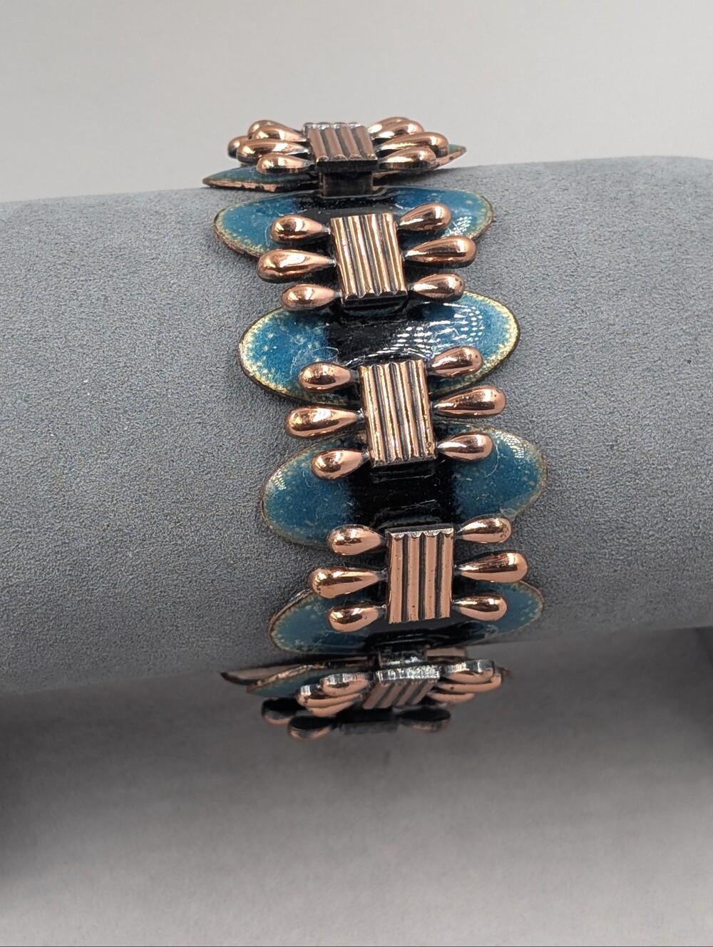 Vintage Matisse Copper Turquoise Blue Black Enamel Panel Bracelet | 0028